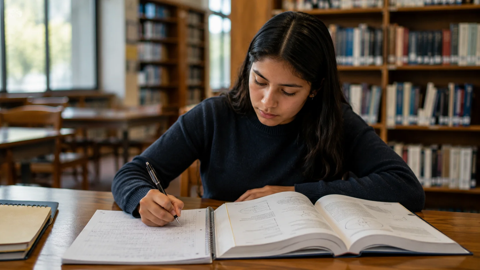 Una joven ecuatoriana de bachillerato en ciencias estudiando en una biblioteca con libros de física y química, tomando notas ordenadas en un cuaderno con expresión de concentración