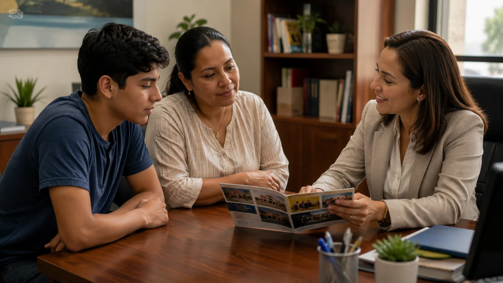 Una orientadora escolar conversando amigablemente en su oficina con un estudiante y su madre ecuatoriana, revisando folletos informativos sobre las especialidades de bachillerato