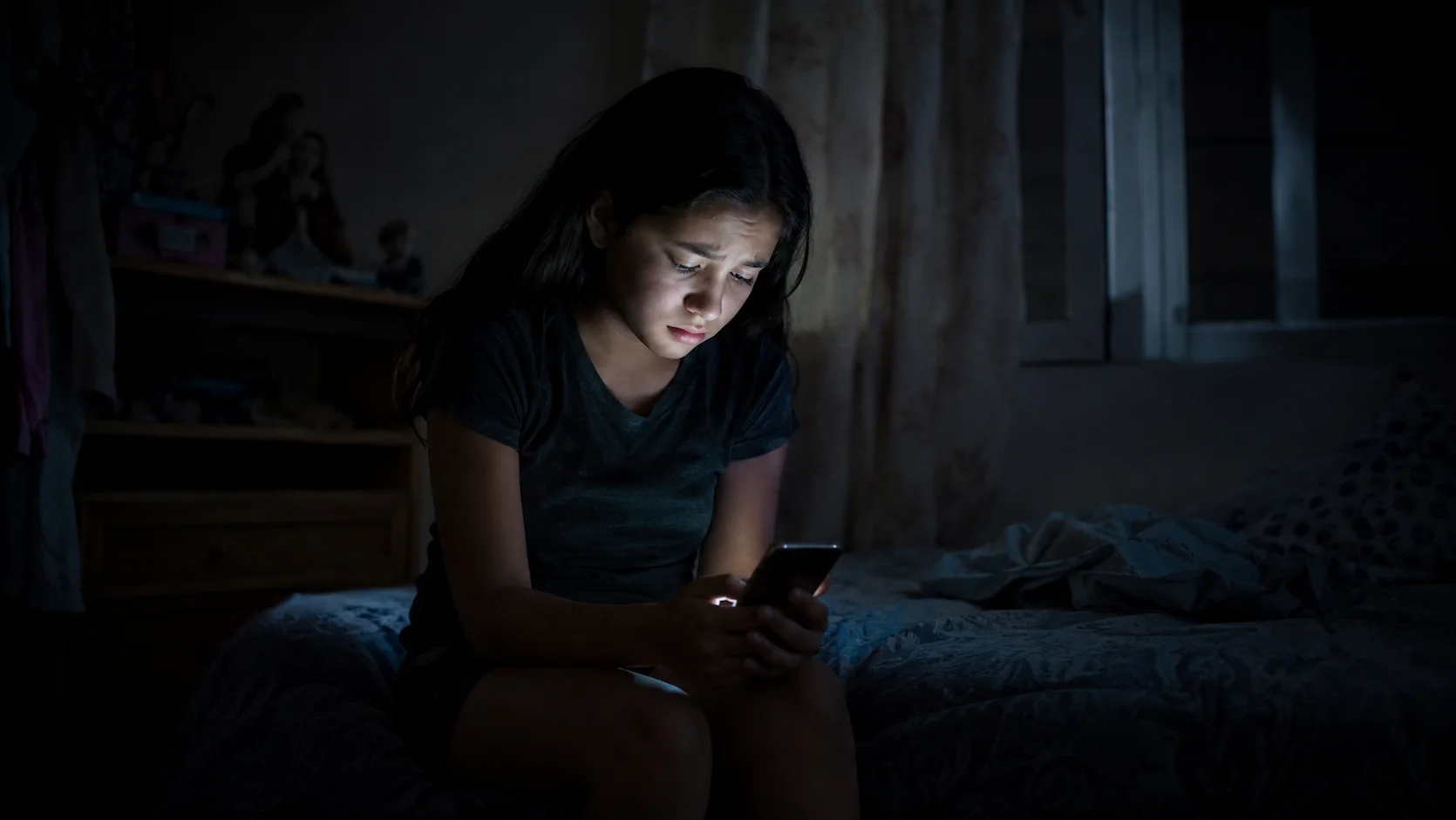 Adolescente ecuatoriana sentada sola en su cuarto con el celular en la mano, expresión triste y preocupada, mirando la pantalla con angustia visible