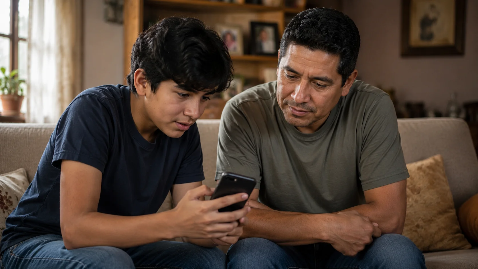 Padre ecuatoriano sentado junto a su hijo adolescente en el sofá del hogar, conversando con calma y atención mientras el joven muestra algo en su celular, escena de comunicación abierta y de confianza