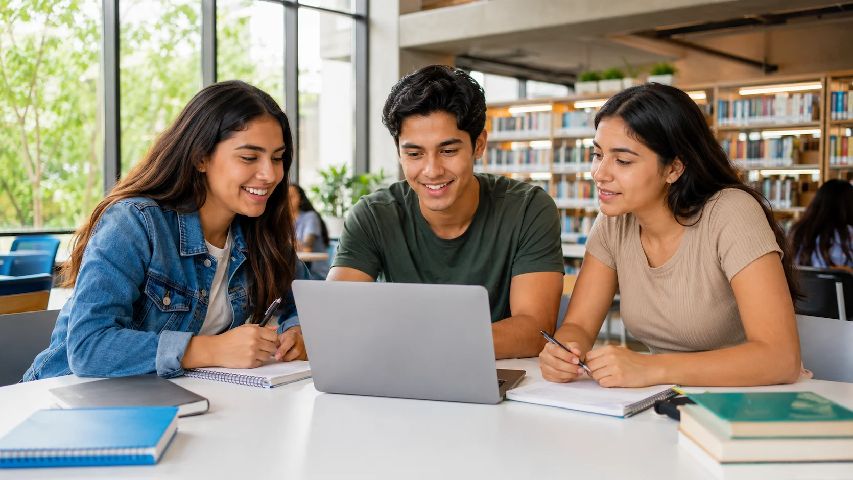 Un grupo diverso de tres estudiantes universitarios ecuatorianos sentados en una mesa redonda de la biblioteca de la universidad, trabajando colaborativamente con cuadernos y computadoras portátiles