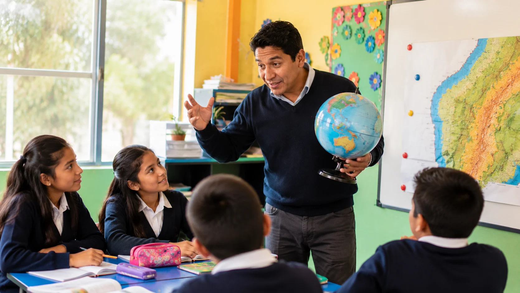 Docente ecuatoriano comprometido explicando a sus estudiantes con entusiasmo en el aula