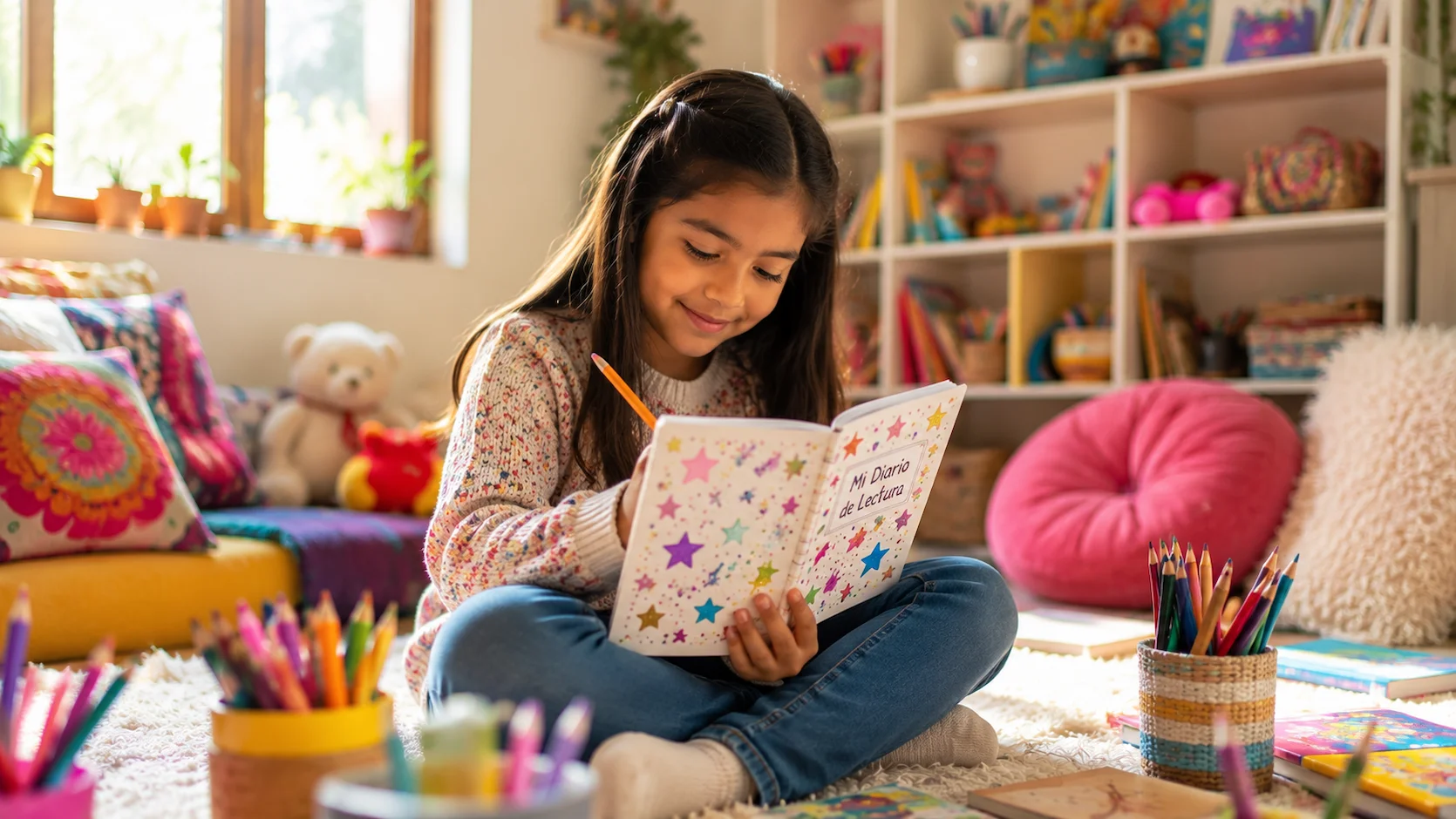 Una niña ecuatoriana de 8 años sentada en una alfombra rodeada de lápices de colores, dibujando entusiasmada en su diario de lectura ilustrado tras terminar un cuento