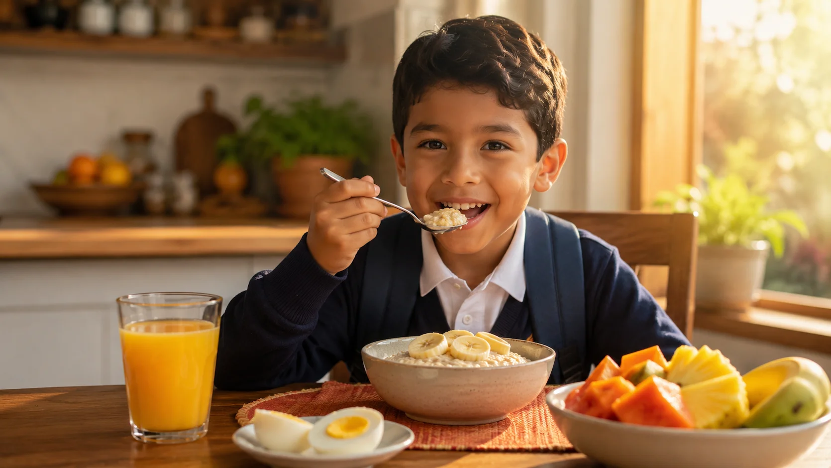 Niño ecuatoriano desayunando con frutas, huevo y jugo natural antes de ir al colegio