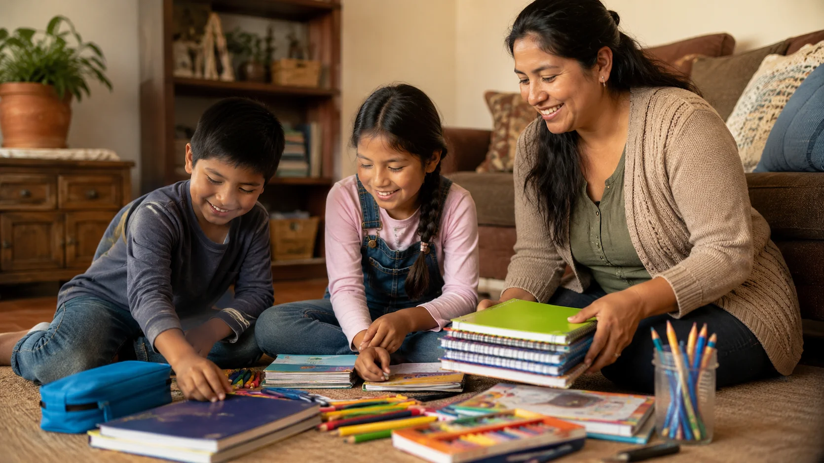 Madre ecuatoriana organizando útiles escolares junto a sus hijos en casa