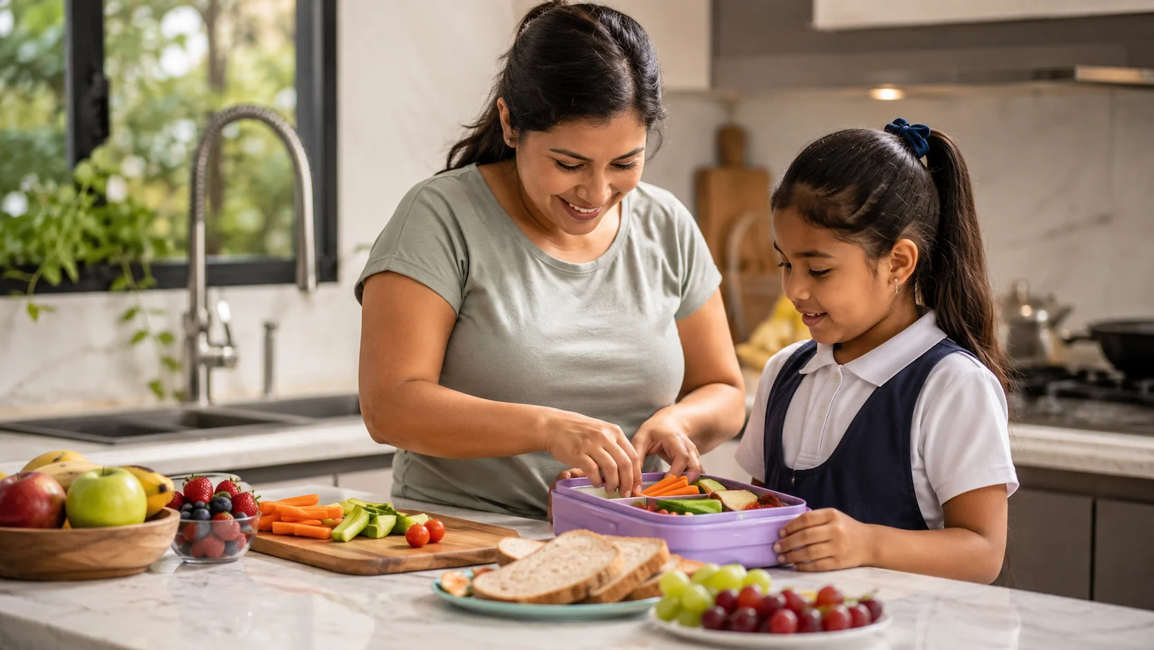 Lonchera escolar colorida y saludable preparada por una madre ecuatoriana