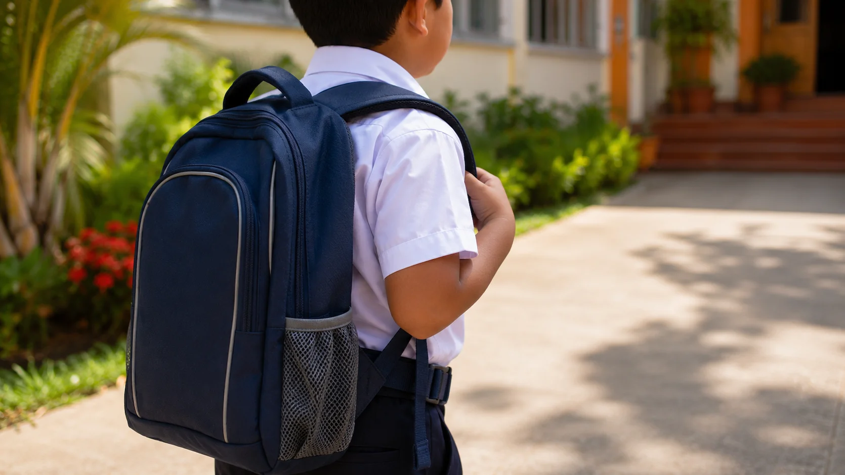 Niño con mochila escolar ergonómica bien ajustada caminando en Ecuador