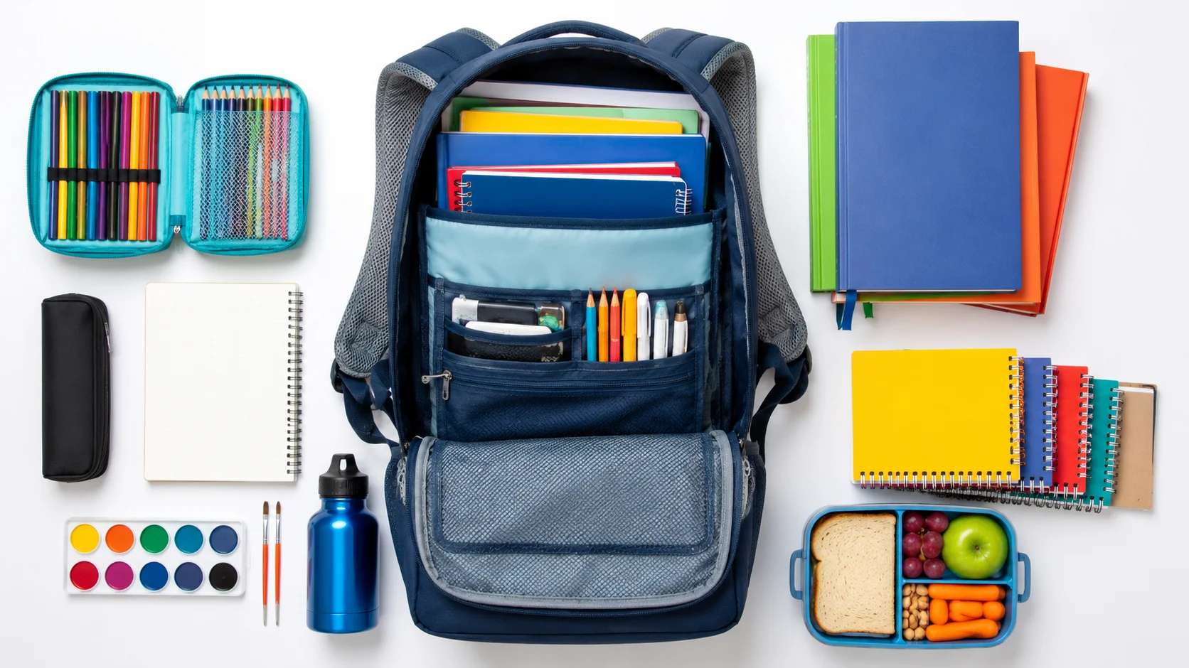 Vista superior de mochila escolar ergonómica abierta con útiles organizados