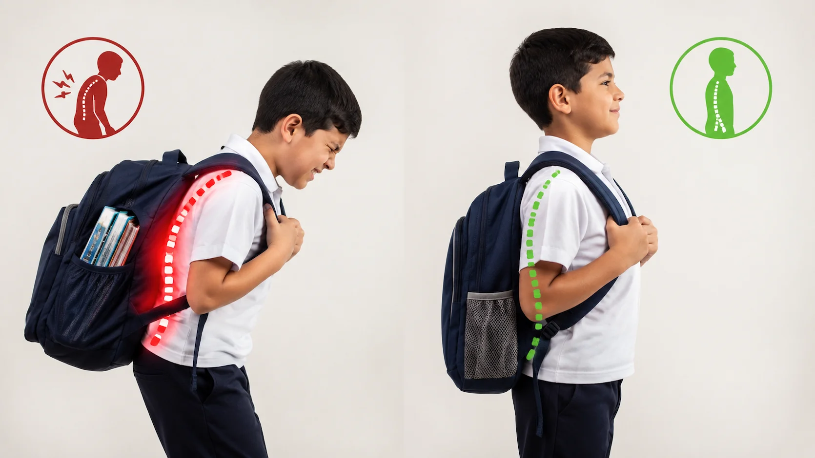 Comparación entre niño con mala postura por mochila pesada y niño con postura correcta con mochila ergonómica