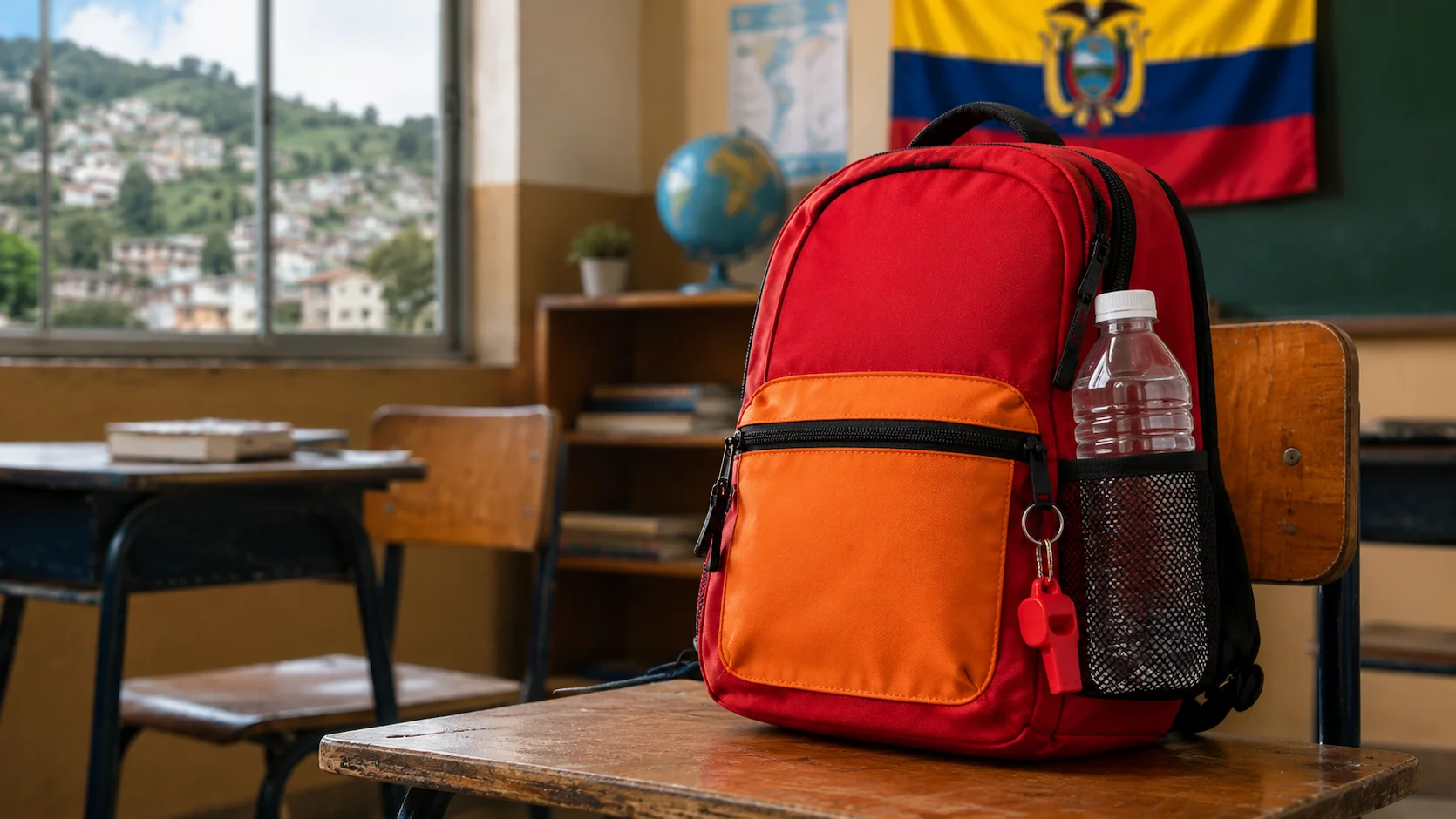 Mochila escolar de emergencia preparada con elementos de seguridad para niños en Ecuador