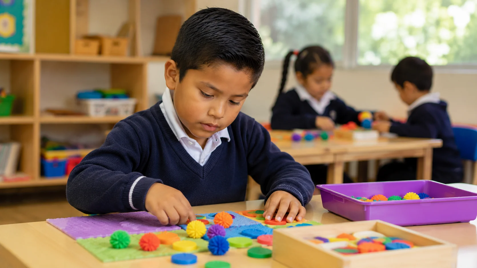Niño ecuatoriano concentrado trabajando con actividades sensoriales en el aula