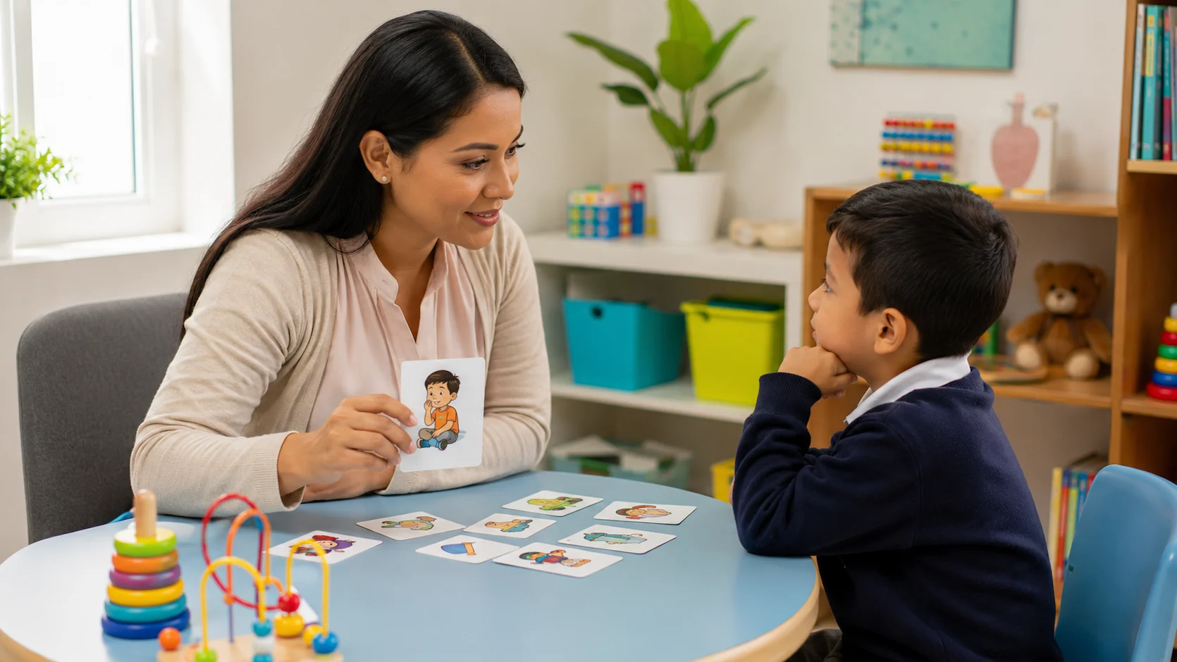 Psicóloga educativa ecuatoriana trabajando con un niño mediante técnicas de atención y concentración